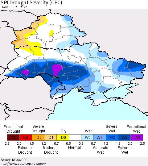 Ukraine, Moldova and Belarus SPI Drought Severity (CPC) Thematic Map For 11/11/2022 - 11/20/2022