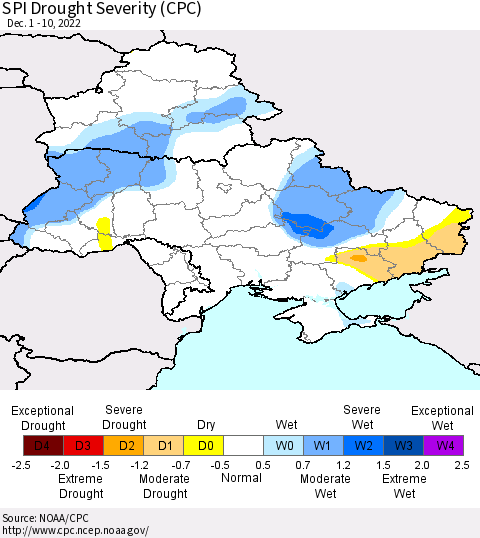 Ukraine, Moldova and Belarus SPI Drought Severity (CPC) Thematic Map For 12/1/2022 - 12/10/2022