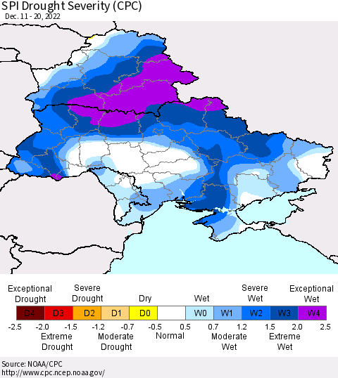 Ukraine, Moldova and Belarus SPI Drought Severity (CPC) Thematic Map For 12/11/2022 - 12/20/2022