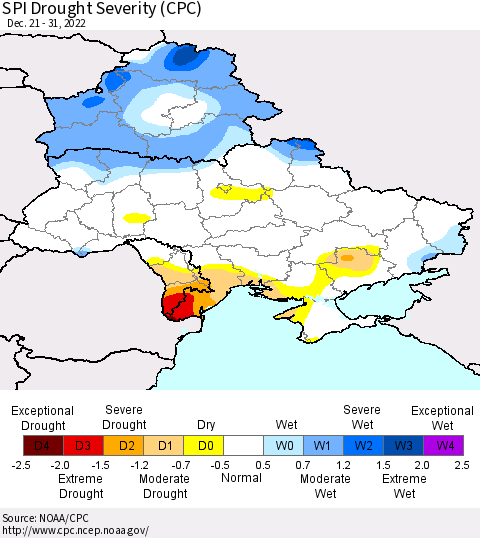 Ukraine, Moldova and Belarus SPI Drought Severity (CPC) Thematic Map For 12/21/2022 - 12/31/2022