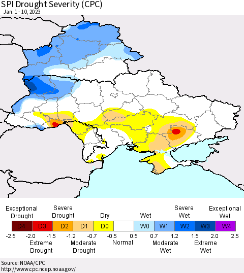 Ukraine, Moldova and Belarus SPI Drought Severity (CPC) Thematic Map For 1/1/2023 - 1/10/2023