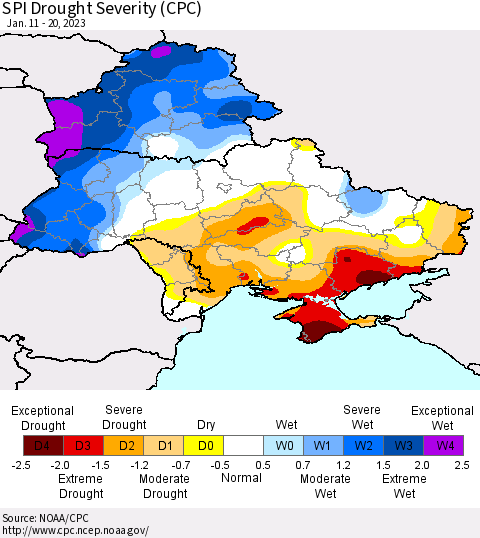Ukraine, Moldova and Belarus SPI Drought Severity (CPC) Thematic Map For 1/11/2023 - 1/20/2023
