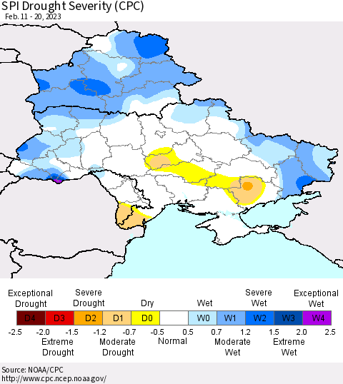 Ukraine, Moldova and Belarus SPI Drought Severity (CPC) Thematic Map For 2/11/2023 - 2/20/2023