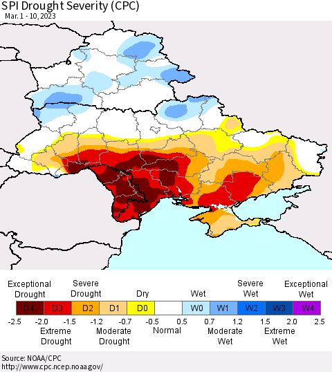 Ukraine, Moldova and Belarus SPI Drought Severity (CPC) Thematic Map For 3/1/2023 - 3/10/2023