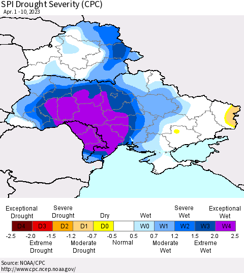 Ukraine, Moldova and Belarus SPI Drought Severity (CPC) Thematic Map For 4/1/2023 - 4/10/2023