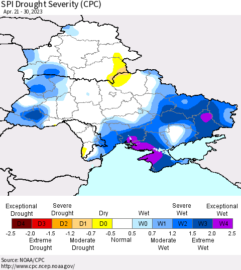 Ukraine, Moldova and Belarus SPI Drought Severity (CPC) Thematic Map For 4/21/2023 - 4/30/2023