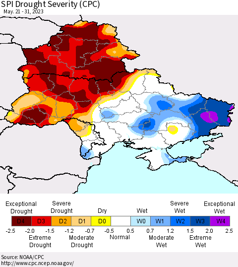 Ukraine, Moldova and Belarus SPI Drought Severity (CPC) Thematic Map For 5/21/2023 - 5/31/2023