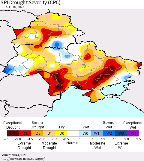 Ukraine, Moldova and Belarus SPI Drought Severity (CPC) Thematic Map For 6/1/2023 - 6/10/2023