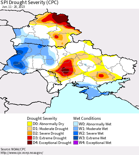 Ukraine, Moldova and Belarus SPI Drought Severity (CPC) Thematic Map For 6/11/2023 - 6/20/2023