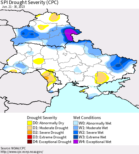 Ukraine, Moldova and Belarus SPI Drought Severity (CPC) Thematic Map For 6/21/2023 - 6/30/2023