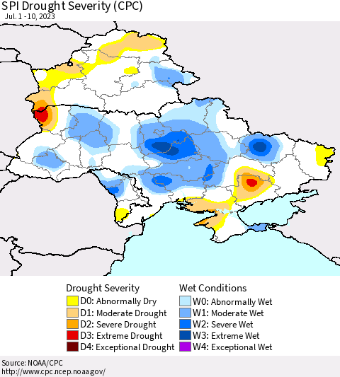 Ukraine, Moldova and Belarus SPI Drought Severity (CPC) Thematic Map For 7/1/2023 - 7/10/2023