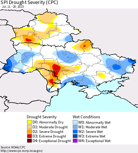 Ukraine, Moldova and Belarus SPI Drought Severity (CPC) Thematic Map For 7/11/2023 - 7/20/2023