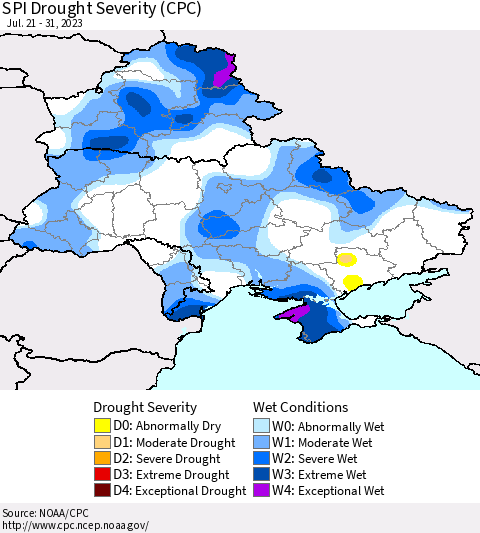 Ukraine, Moldova and Belarus SPI Drought Severity (CPC) Thematic Map For 7/21/2023 - 7/31/2023