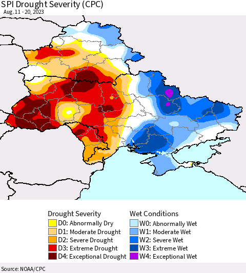 Ukraine, Moldova and Belarus SPI Drought Severity (CPC) Thematic Map For 8/11/2023 - 8/20/2023