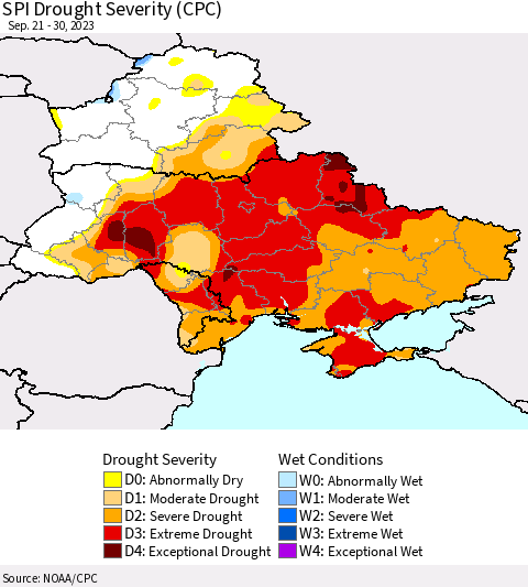 Ukraine, Moldova and Belarus SPI Drought Severity (CPC) Thematic Map For 9/21/2023 - 9/30/2023