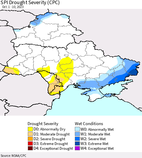 Ukraine, Moldova and Belarus SPI Drought Severity (CPC) Thematic Map For 10/1/2023 - 10/10/2023