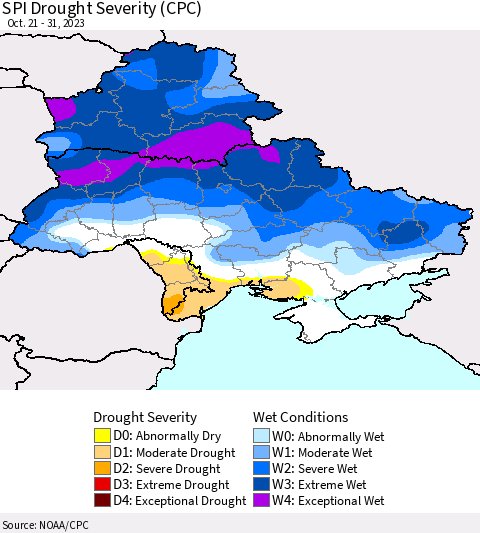 Ukraine, Moldova and Belarus SPI Drought Severity (CPC) Thematic Map For 10/21/2023 - 10/31/2023