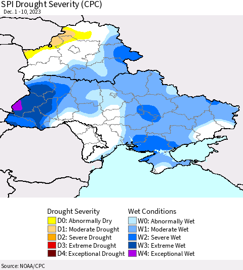 Ukraine, Moldova and Belarus SPI Drought Severity (CPC) Thematic Map For 12/1/2023 - 12/10/2023
