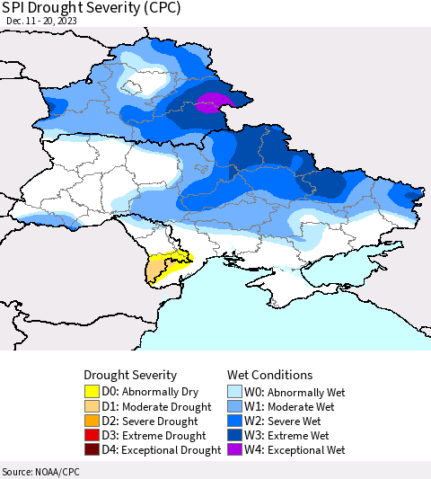 Ukraine, Moldova and Belarus SPI Drought Severity (CPC) Thematic Map For 12/11/2023 - 12/20/2023