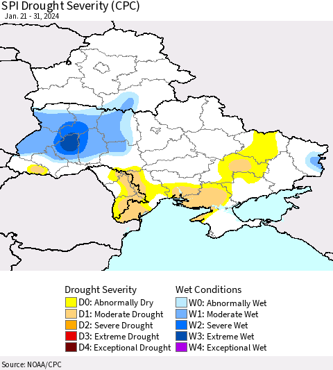 Ukraine, Moldova and Belarus SPI Drought Severity (CPC) Thematic Map For 1/21/2024 - 1/31/2024
