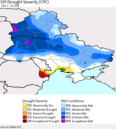 Ukraine, Moldova and Belarus SPI Drought Severity (CPC) Thematic Map For 2/1/2024 - 2/10/2024