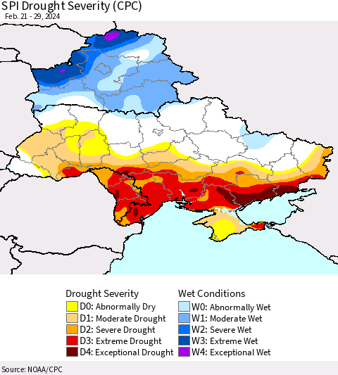 Ukraine, Moldova and Belarus SPI Drought Severity (CPC) Thematic Map For 2/21/2024 - 2/29/2024