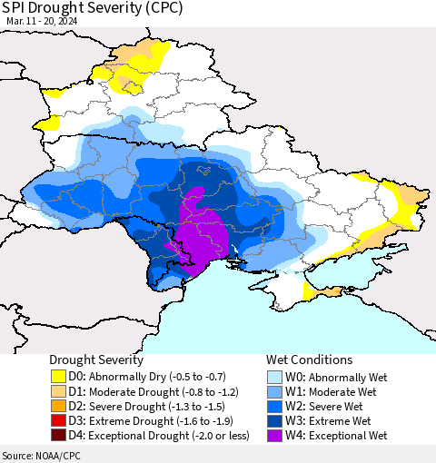 Ukraine, Moldova and Belarus SPI Drought Severity (CPC) Thematic Map For 3/11/2024 - 3/20/2024