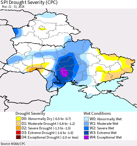 Ukraine, Moldova and Belarus SPI Drought Severity (CPC) Thematic Map For 3/21/2024 - 3/31/2024