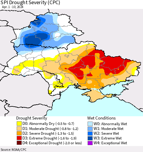 Ukraine, Moldova and Belarus SPI Drought Severity (CPC) Thematic Map For 4/1/2024 - 4/10/2024