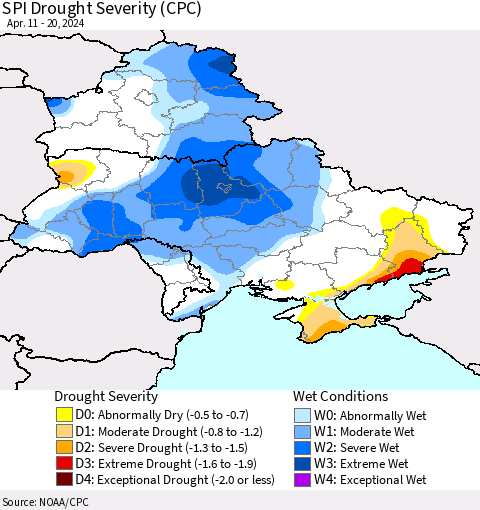 Ukraine, Moldova and Belarus SPI Drought Severity (CPC) Thematic Map For 4/11/2024 - 4/20/2024