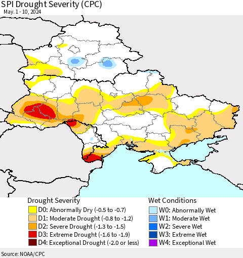 Ukraine, Moldova and Belarus SPI Drought Severity (CPC) Thematic Map For 5/1/2024 - 5/10/2024