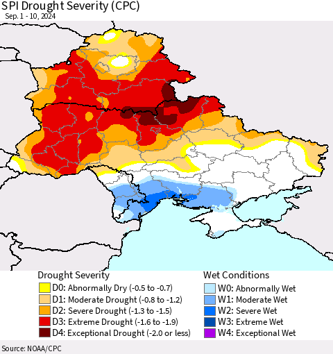 Ukraine, Moldova and Belarus SPI Drought Severity (CPC) Thematic Map For 9/1/2024 - 9/10/2024