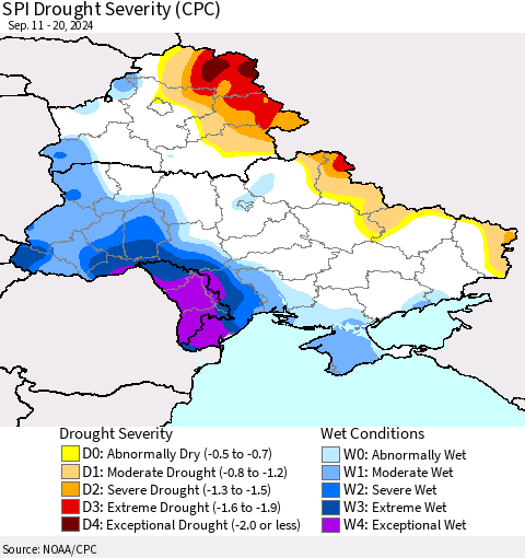 Ukraine, Moldova and Belarus SPI Drought Severity (CPC) Thematic Map For 9/11/2024 - 9/20/2024
