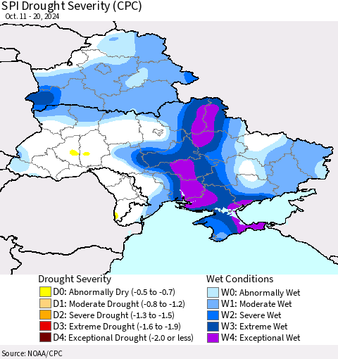 Ukraine, Moldova and Belarus SPI Drought Severity (CPC) Thematic Map For 10/11/2024 - 10/20/2024