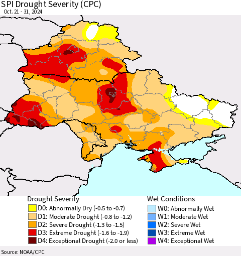 Ukraine, Moldova and Belarus SPI Drought Severity (CPC) Thematic Map For 10/21/2024 - 10/31/2024