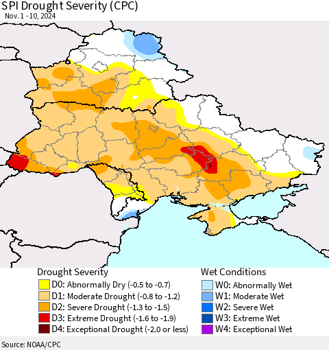 Ukraine, Moldova and Belarus SPI Drought Severity (CPC) Thematic Map For 11/1/2024 - 11/10/2024