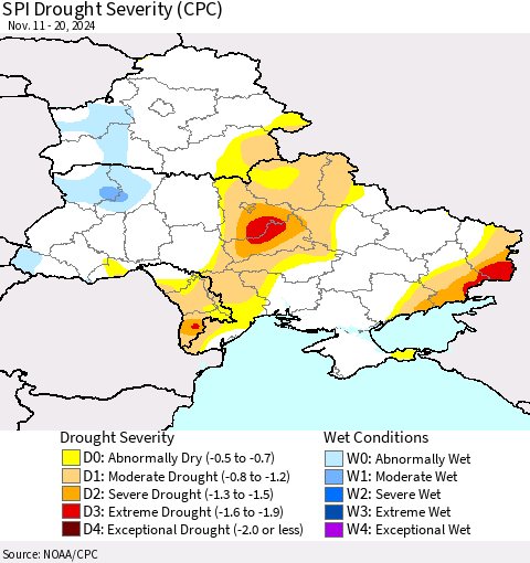 Ukraine, Moldova and Belarus SPI Drought Severity (CPC) Thematic Map For 11/11/2024 - 11/20/2024