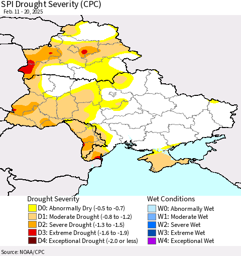 Ukraine, Moldova and Belarus SPI Drought Severity (CPC) Thematic Map For 2/11/2025 - 2/20/2025