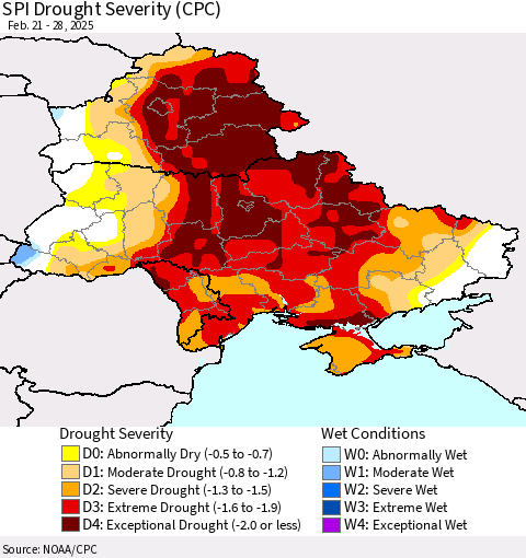 Ukraine, Moldova and Belarus SPI Drought Severity (CPC) Thematic Map For 2/21/2025 - 2/28/2025