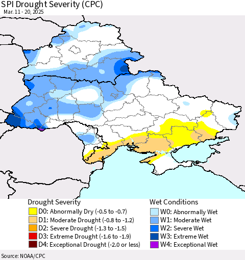 Ukraine, Moldova and Belarus SPI Drought Severity (CPC) Thematic Map For 3/11/2025 - 3/20/2025