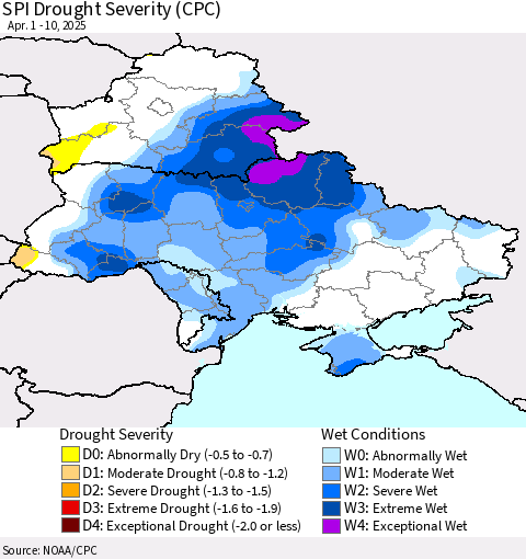 Ukraine, Moldova and Belarus SPI Drought Severity (CPC) Thematic Map For 4/1/2025 - 4/10/2025
