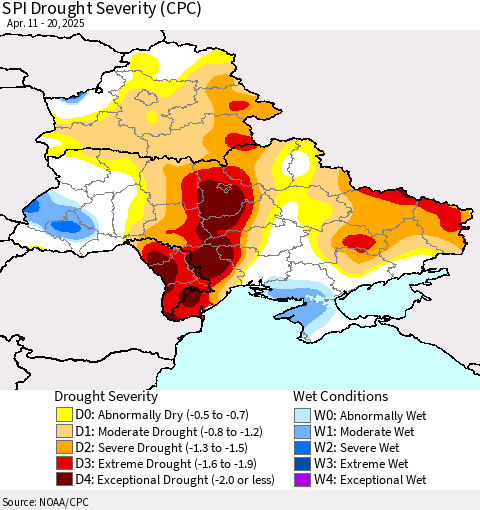 Ukraine, Moldova and Belarus SPI Drought Severity (CPC) Thematic Map For 4/11/2025 - 4/20/2025