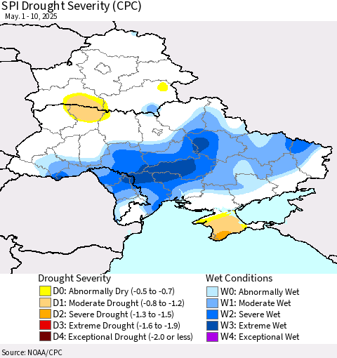 Ukraine, Moldova and Belarus SPI Drought Severity (CPC) Thematic Map For 5/1/2025 - 5/10/2025