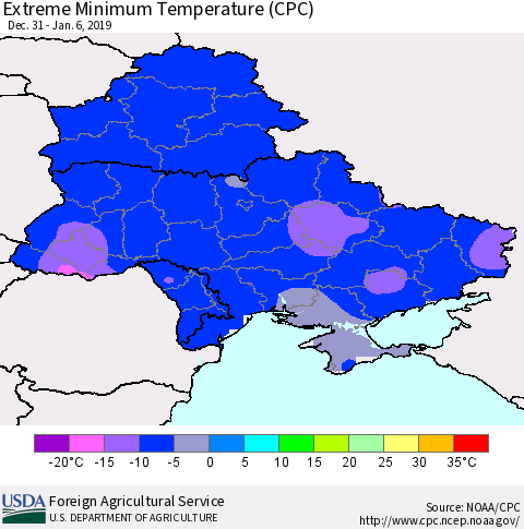 Ukraine, Moldova and Belarus Extreme Minimum Temperature (CPC) Thematic Map For 12/31/2018 - 1/6/2019