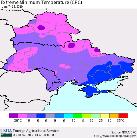 Ukraine, Moldova and Belarus Extreme Minimum Temperature (CPC) Thematic Map For 1/7/2019 - 1/13/2019