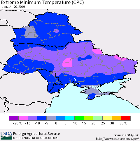 Ukraine, Moldova and Belarus Extreme Minimum Temperature (CPC) Thematic Map For 1/14/2019 - 1/20/2019