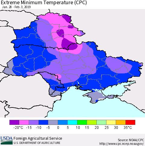 Ukraine, Moldova and Belarus Minimum Daily Temperature (CPC) Thematic Map For 1/28/2019 - 2/3/2019