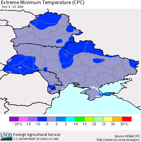 Ukraine, Moldova and Belarus Extreme Minimum Temperature (CPC) Thematic Map For 2/4/2019 - 2/10/2019