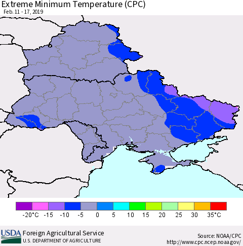 Ukraine, Moldova and Belarus Extreme Minimum Temperature (CPC) Thematic Map For 2/11/2019 - 2/17/2019
