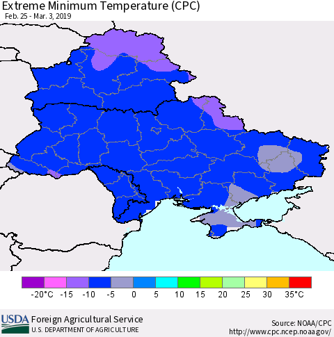 Ukraine, Moldova and Belarus Minimum Daily Temperature (CPC) Thematic Map For 2/25/2019 - 3/3/2019